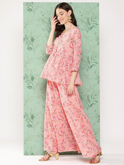 Peach Georgette Digital Floral Printed Co-Ords Set