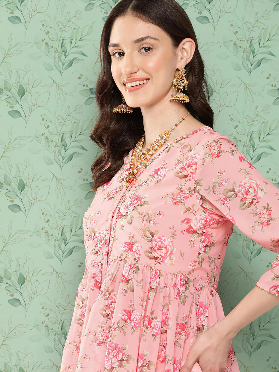 Peach Georgette Digital Floral Printed Co-Ords Set