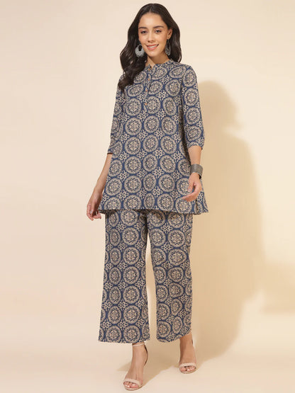 Blue Cotton Ethnic Motifs Tunic With Palazzo