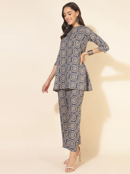 Blue Cotton Ethnic Motifs Tunic With Palazzo