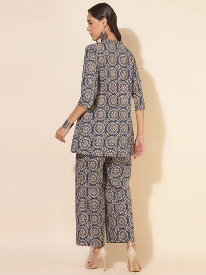 Blue Cotton Ethnic Motifs Tunic With Palazzo