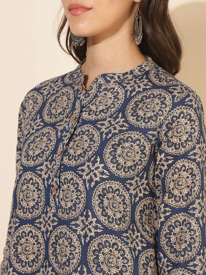 Blue Cotton Ethnic Motifs Tunic With Palazzo