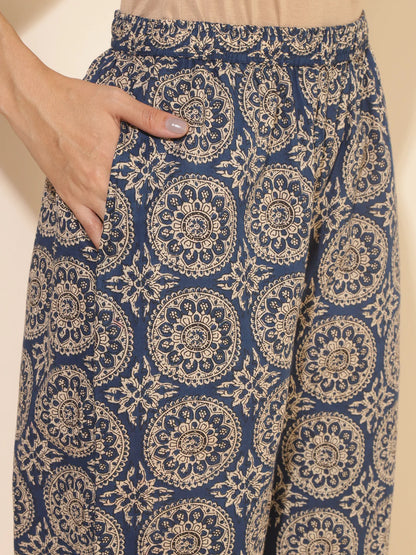 Blue Cotton Ethnic Motifs Tunic With Palazzo