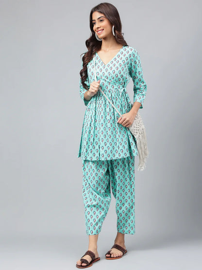 Aqua Green Cotton Floral Ethinc Motif Printed Co-Ords Set