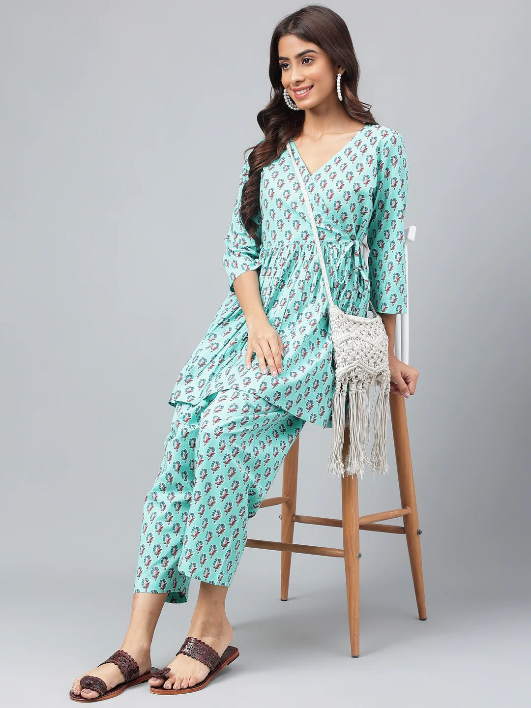 Aqua Green Cotton Floral Ethinc Motif Printed Co-Ords Set