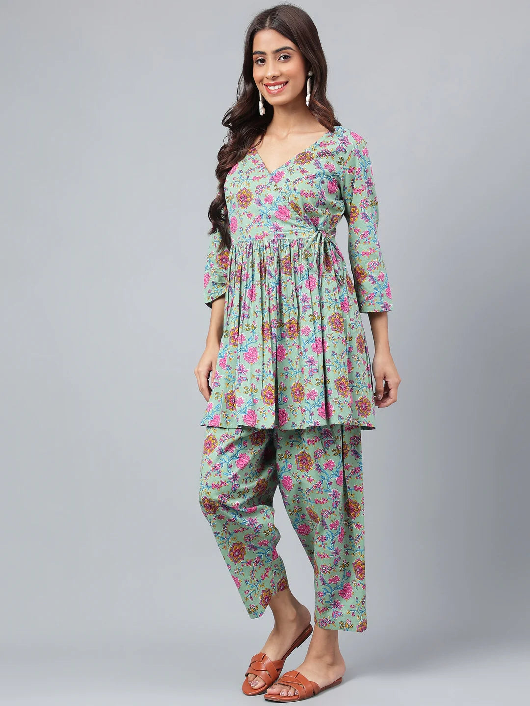 Sage Green Cotton Floral Printed Co-Ords Set