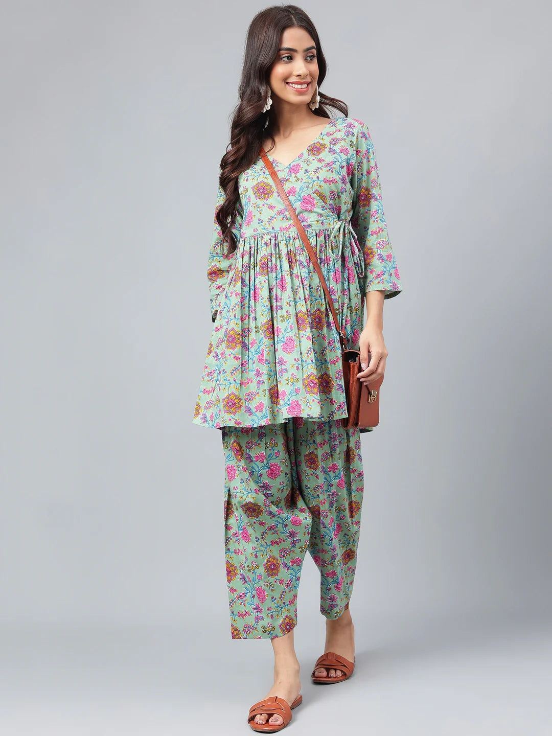 Sage Green Cotton Floral Printed Co-Ords Set