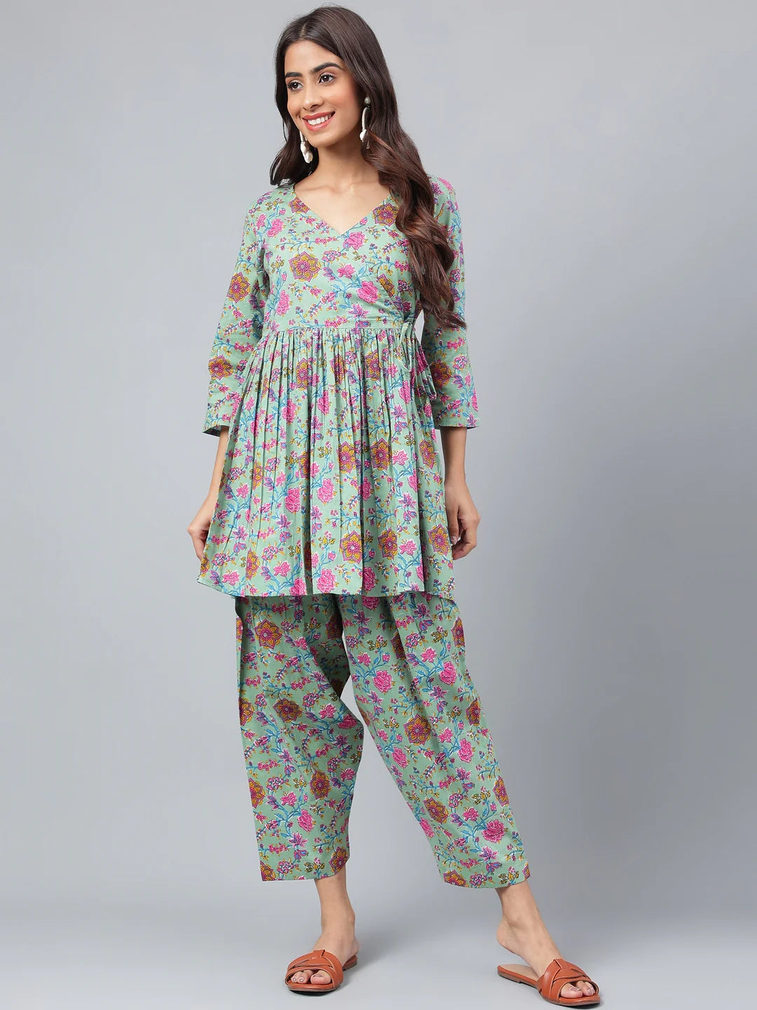 Sage Green Cotton Floral Printed Co-Ords Set