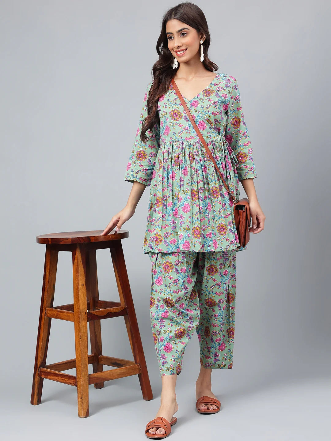 Sage Green Cotton Floral Printed Co-Ords Set