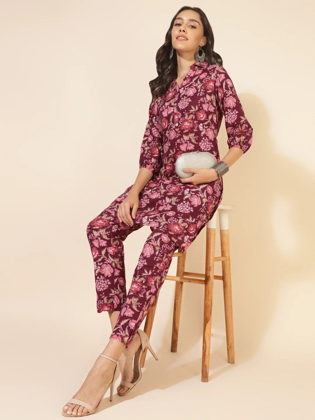 Purple Cotton Floral Printed Co-Ords Set