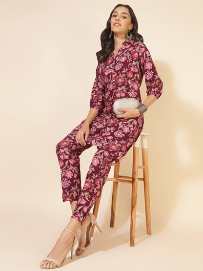 Purple Cotton Floral Printed Co-Ords Set