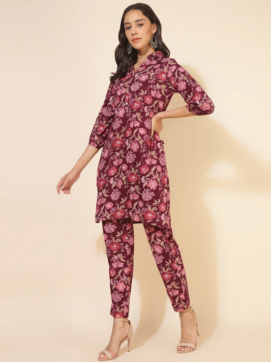 Purple Cotton Floral Printed Co-Ords Set