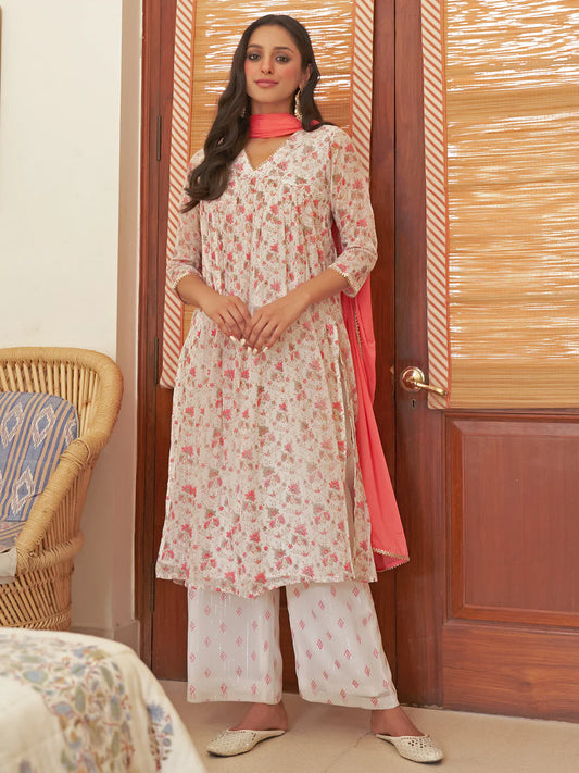 White Chiffon Lurex Floral Printed Kurta With Palazzo And Dupatta