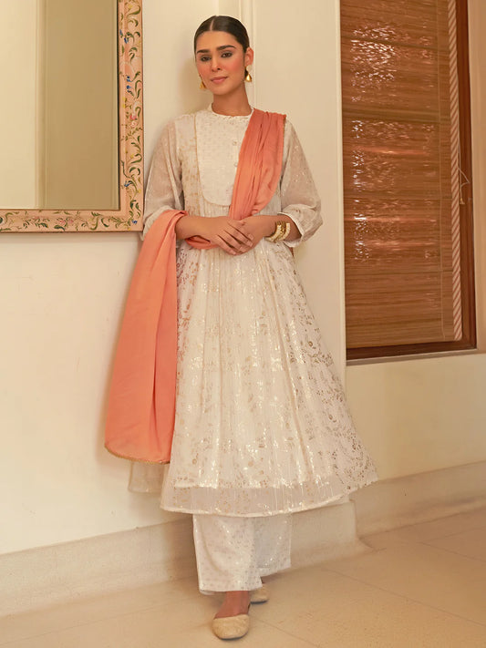 White Chiffon Lurex Foil Printed Kurta With Palazzo And Dupatta