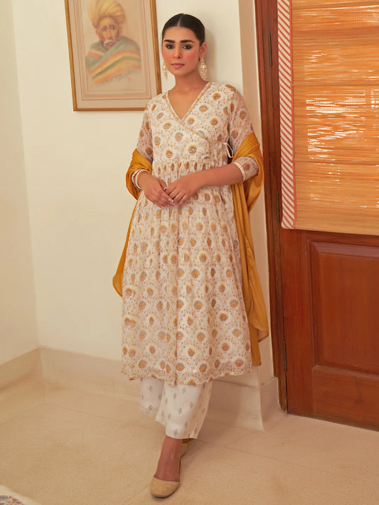 White Chiffon Lurex Floral Printed Kurta With Palazzo And Dupatta