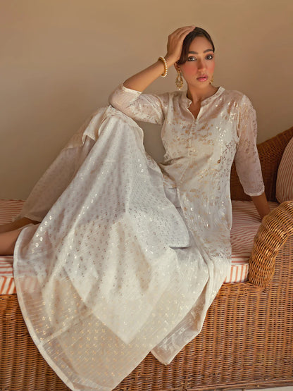 White Chiffon Lurex Foil Printed Kurta With Jacket