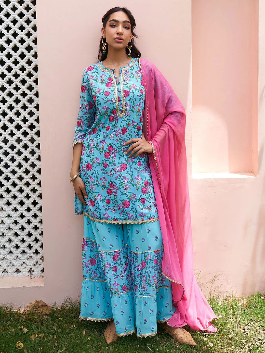 Women's Sky Blue Georgette Digital Floral Printed Short Kurta With Sharara And Dupatta