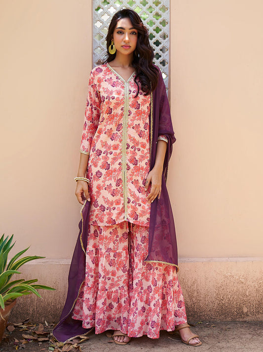 Women's Peach Georgette Digital Floral Printed Kurta With Sharara And Dupatta