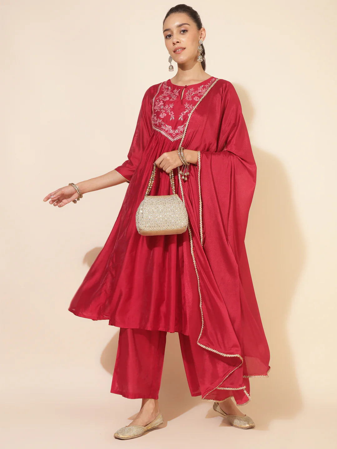 Red Chanderi Embellished Kurta With Palazzo And Dupatta