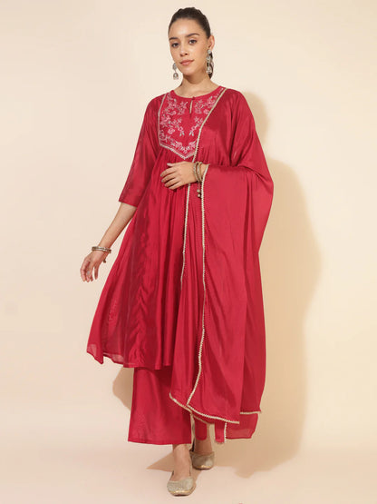 Red Chanderi Embellished Kurta With Palazzo And Dupatta