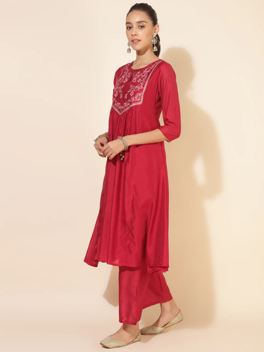 Red Chanderi Embellished Kurta With Palazzo And Dupatta