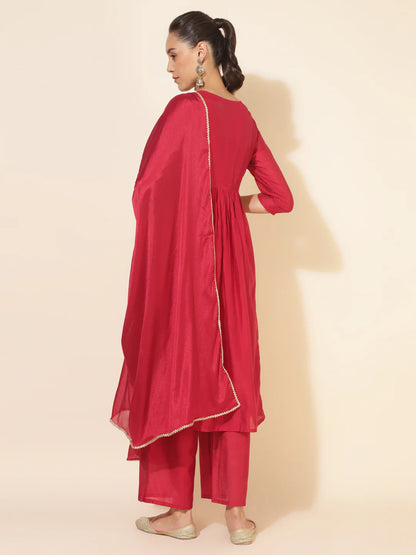 Red Chanderi Embellished Kurta With Palazzo And Dupatta