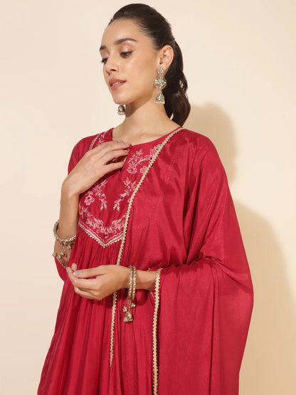 Red Chanderi Embellished Kurta With Palazzo And Dupatta