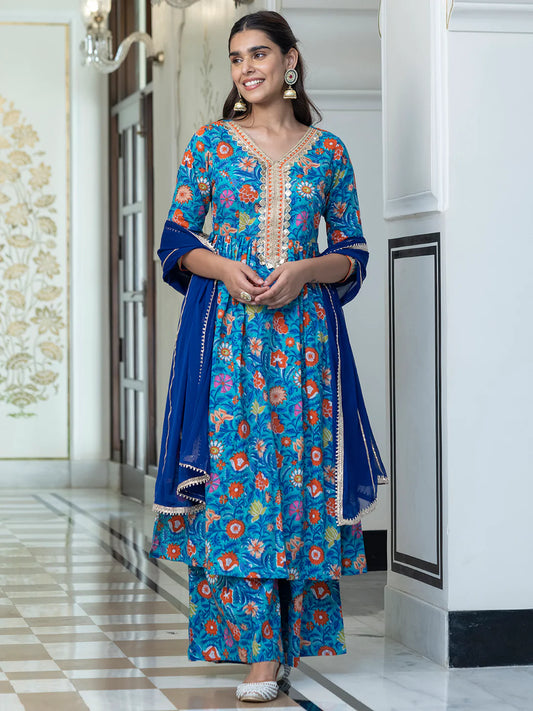 Sky Blue Cotton Embellished Ethnic Printed Kurta With Flared Palazzo And Dupatta