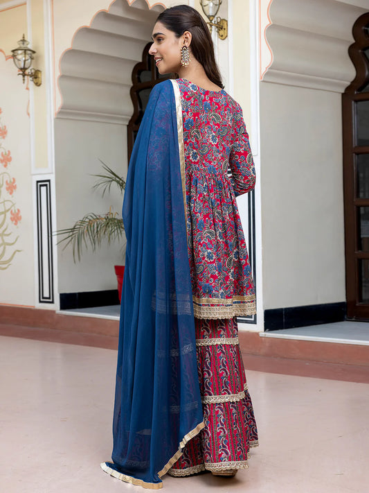 Wine Cotton Ethnic Printed Kurta With Sharara And Dupatta