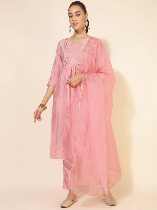 Pink Crepe Silk Yoke Embroidery Kurta With Pant And Dupatta