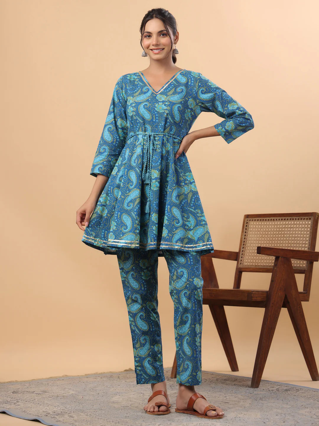 Dark Blue Cotton Paisley Flared Co-Ord Set