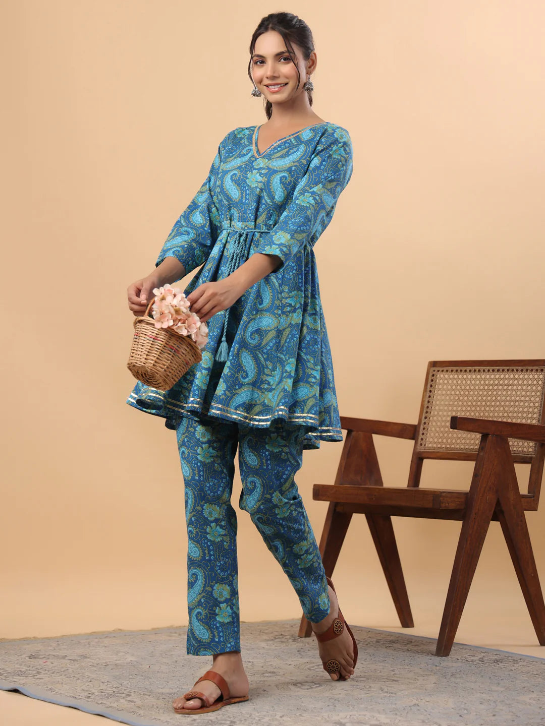 Dark Blue Cotton Paisley Flared Co-Ord Set