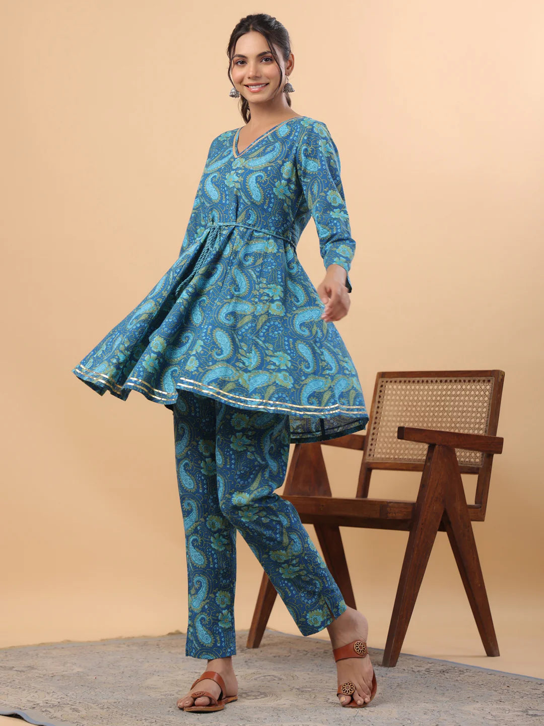 Dark Blue Cotton Paisley Flared Co-Ord Set