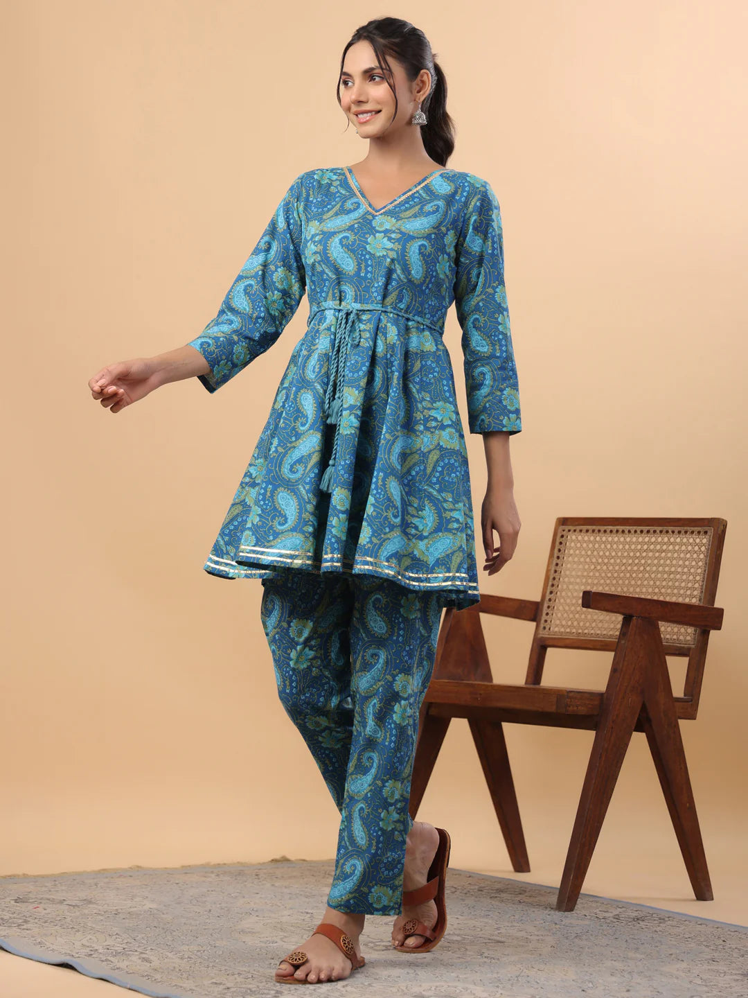 Dark Blue Cotton Paisley Flared Co-Ord Set