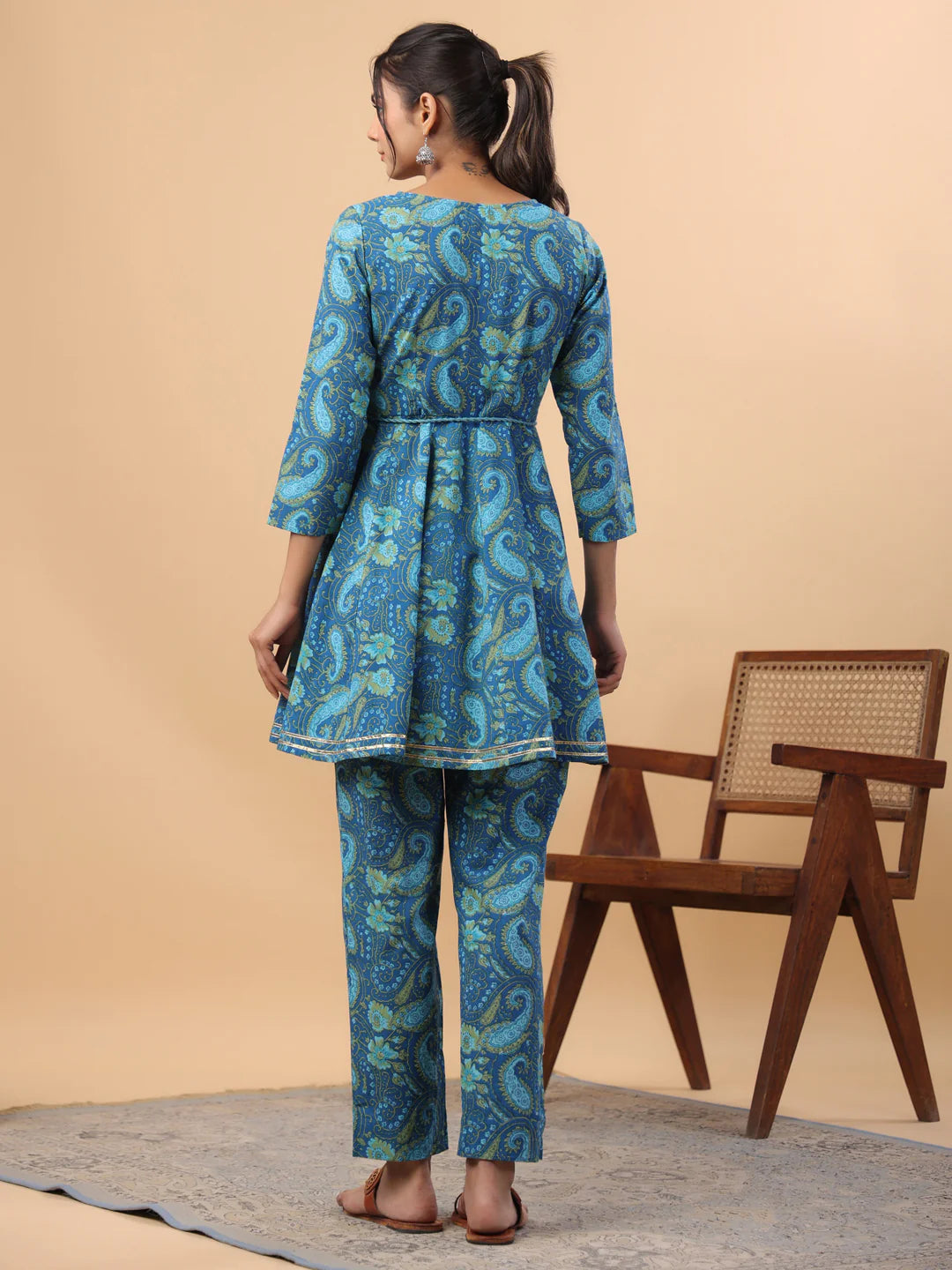 Dark Blue Cotton Paisley Flared Co-Ord Set