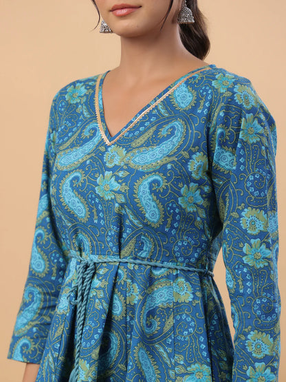 Dark Blue Cotton Paisley Flared Co-Ord Set