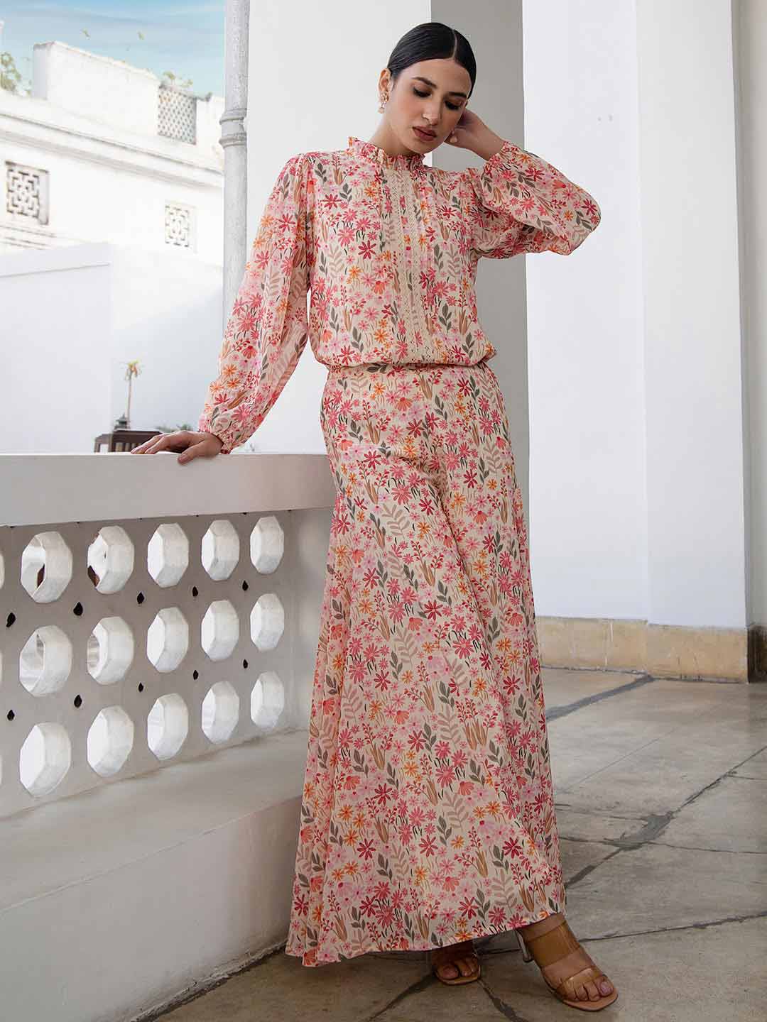 Beige Georgette Floral Regular Co-Ord Set