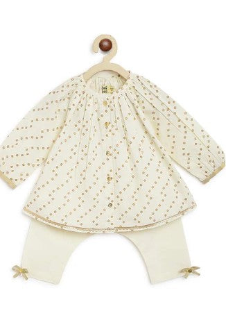 Baby Girl Bandhani Printed Jhabla Ethnic Set-Cream