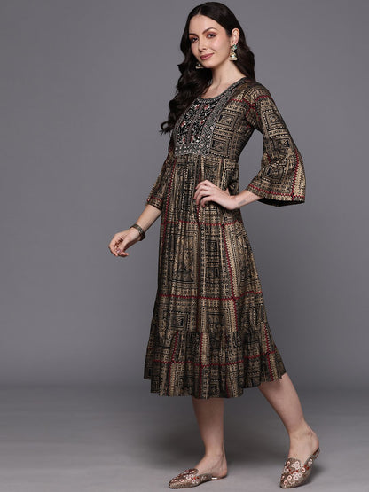 Black Embroidered A-Line Ethnic Dress