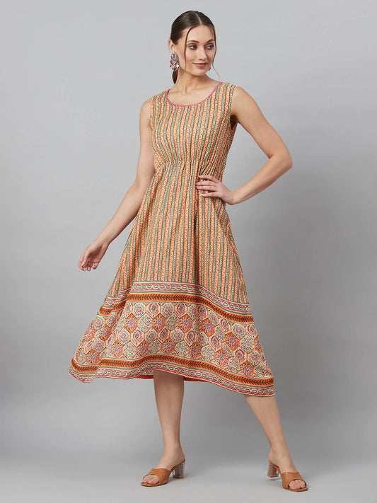 Cream Printed Flared A-Line Dress