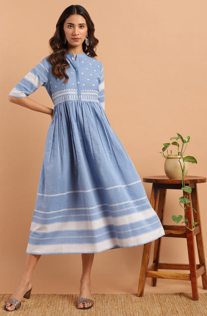 Women's Blue Cotton Floral Flared Western Dress