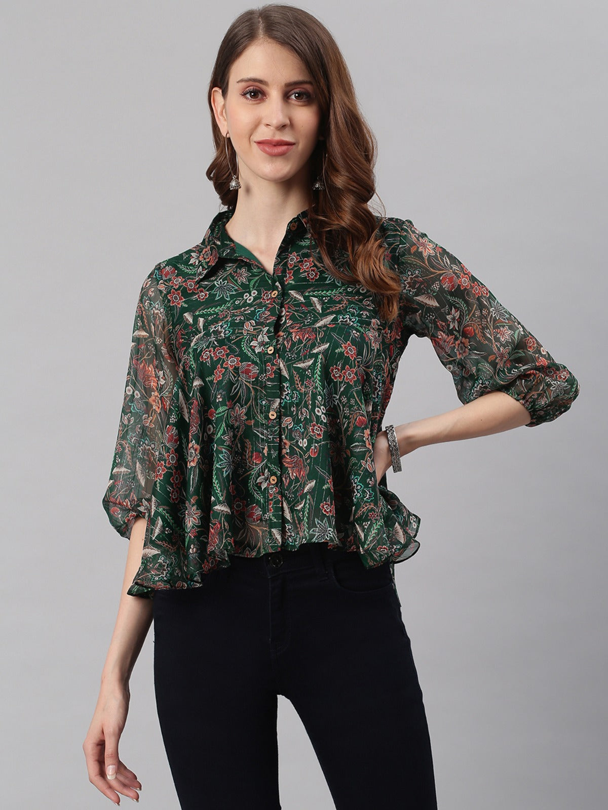 Green Poly Georgette Floral Print Regular Top