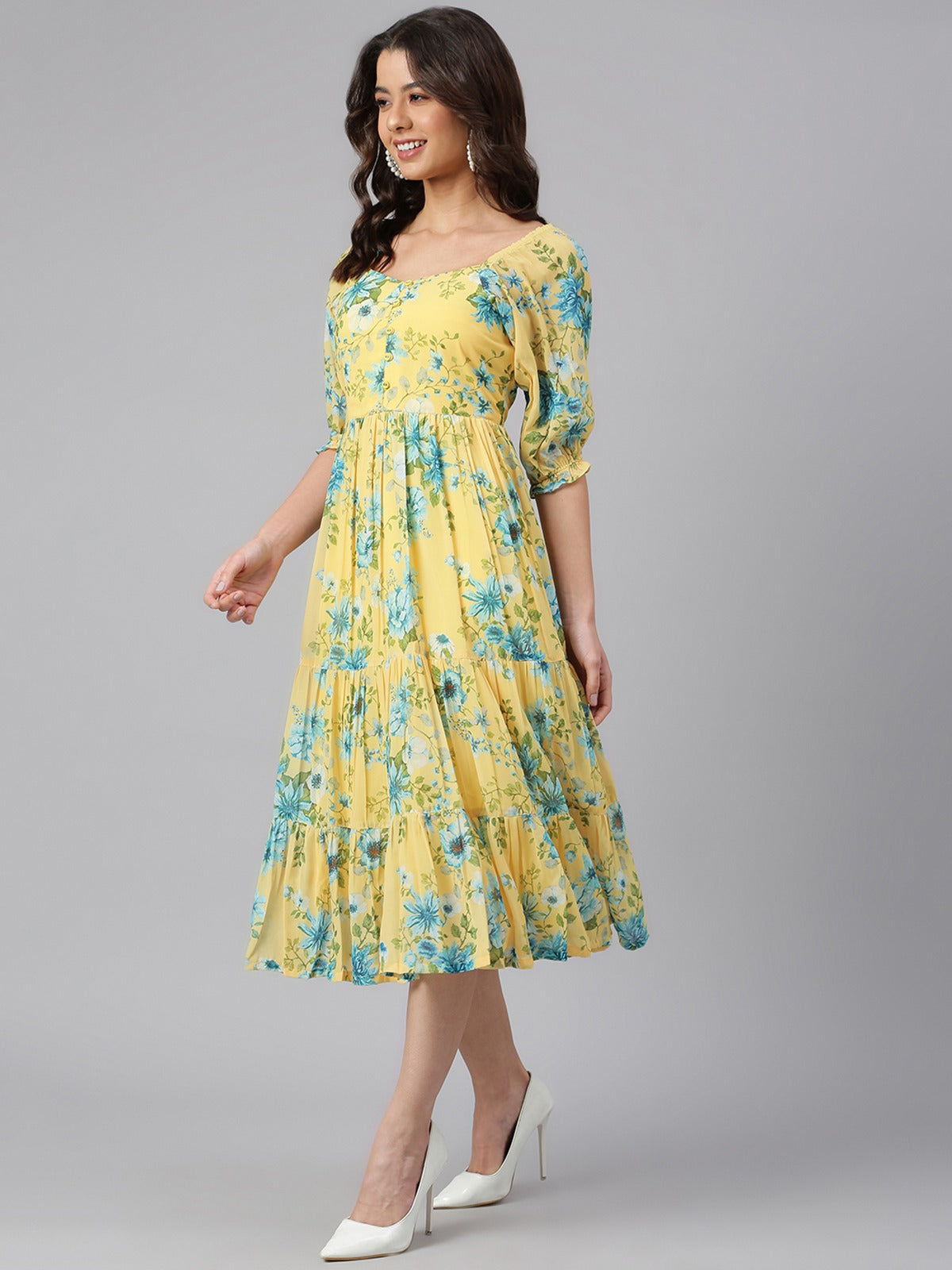 Women's Yellow Georgette Floral Print Flared Dress