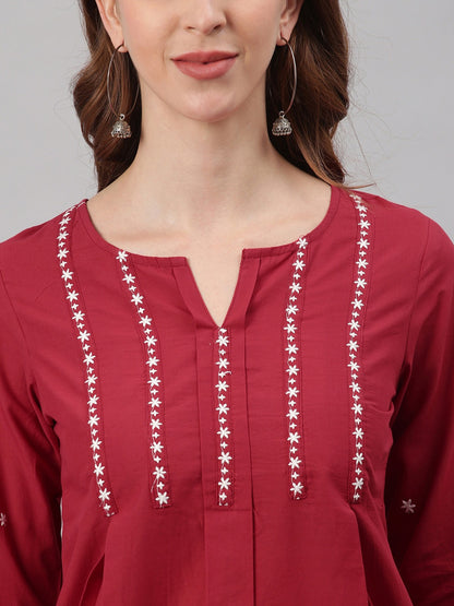 Women's Maroon Cotton Embroidered Trapeze Tunic