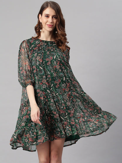 Women's Green Poly Georgette Floral Flared Western Dress