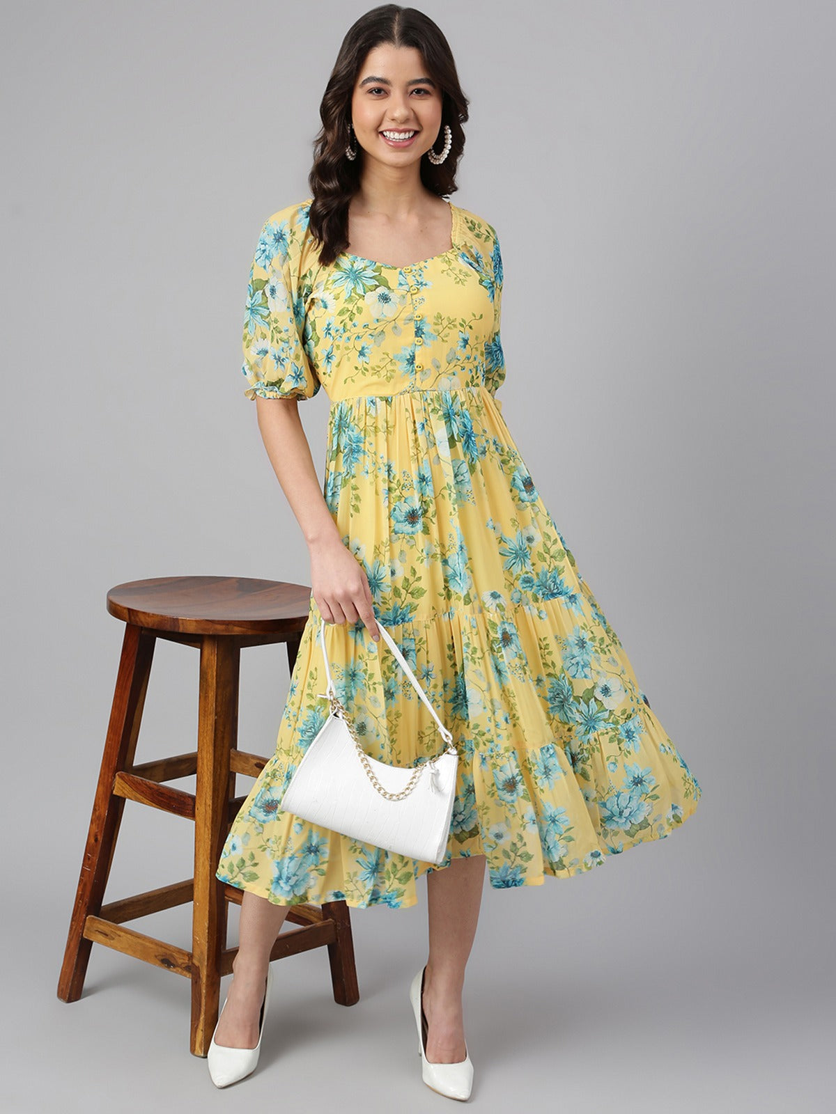 Women's Yellow Georgette Floral Print Flared Dress