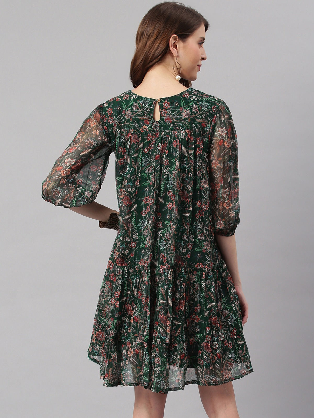 Women's Green Poly Georgette Floral Flared Western Dress