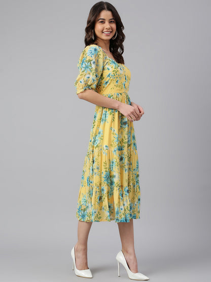 Women's Yellow Georgette Floral Print Flared Dress