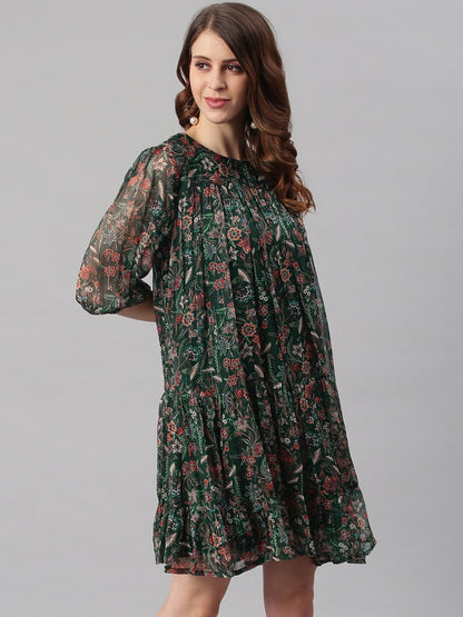 Women's Green Poly Georgette Floral Flared Western Dress