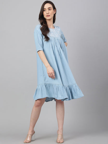 Women's Light Blue Denim Solid Flared Western Dress